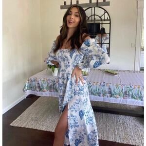 B71 Reformation Gitane Linen Midi Dress Womens XS Floral Cottagecore Puff Sleeve